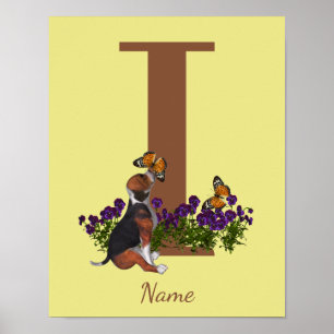 Póster Cachorro Beagle Mariposas Monograma Inicial I Nomb