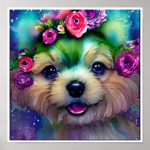 Póster Cachorro Blanco Adorable con Flores en su Cabeza 