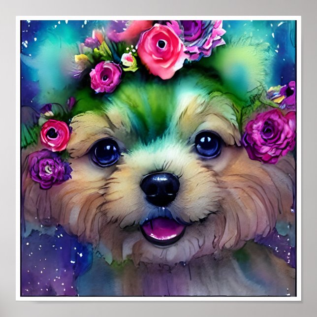 Póster Cachorro blanco con flores en la cabeza (Frente)