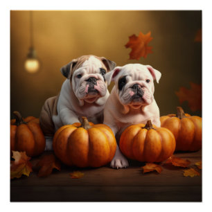 Póster Cachorro Bulldog Otoño Delicia Calabaza
