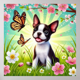 Póster Cachorro con flores y mariposas
