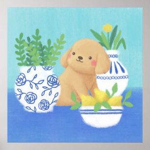Póster Cachorro con plantas, leones y flores