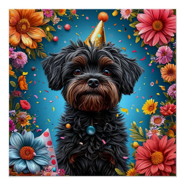 Póster Cachorro con sombrero de cumpleaños adorable (Anverso)