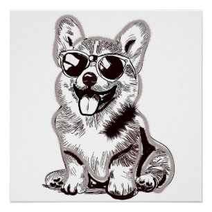 Póster Cachorro Corgi Personalizado con Gafas de Sol   Ar