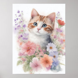 Póster Cachorro de Acuarela Bonito con Flores
