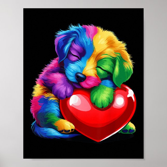 Póster Cachorro de arcoiris suave abrazando a niños de Sa (Frente)