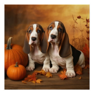 Póster Cachorro de Basset Hound Otoño Delicia Calabaza 
