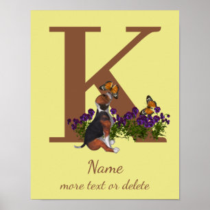 Póster Cachorro de Beagle Mariposas Monograma Inicial K N