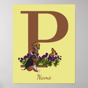 Póster Cachorro de Beagle Mariposas Monograma Inicial P N