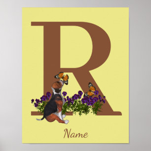 Póster Cachorro de Beagle Mariposas Monograma Inicial R N