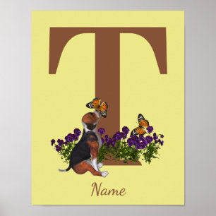 Póster Cachorro de Beagle Mariposas Monograma Inicial T N