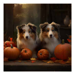 Póster Cachorro de Collie Áspero Delicia de Otoño Calabaz