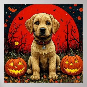 Póster Cachorro de Golden Retriever con calabazas de Hall