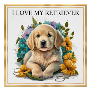 Póster Cachorro de Golden Retriever en acuarela con marco