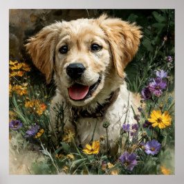 Póster Cachorro de Golden Retriever Pradera de Flores Sil