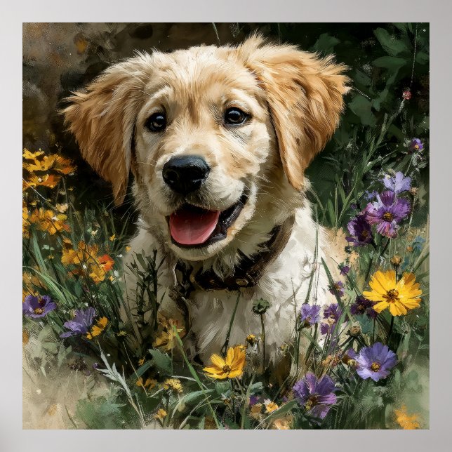 Póster Cachorro de Golden Retriever Pradera de Flores Sil (Frente)