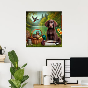 Póster Cachorro de Labrador Chocolate junto a un Lago con