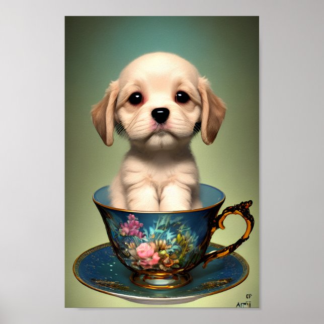 Póster Cachorro de labrador en una taza de té (Frente)