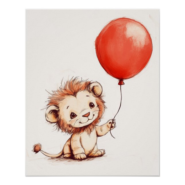 Póster Cachorro de León Juguetón con Globo Rojo (Anverso)