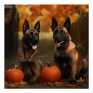 Póster Cachorro de Malinoi Belga Delicia de Otoño Calabaz