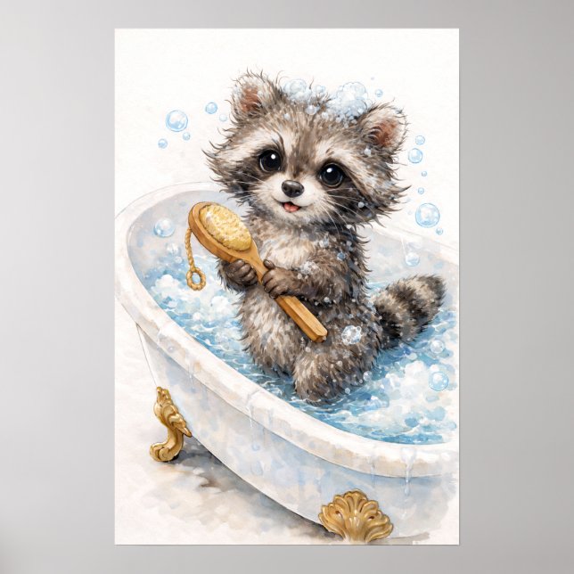 Póster Cachorro de Mapache Adorable en Baño de Burbujas (Frente)