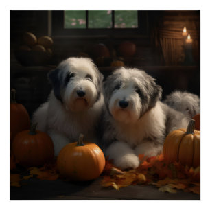 Póster Cachorro de Old English Sheepdog Otoño Delicia Cal