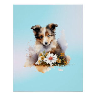 Póster Cachorro de oveja Shetland Mascota Acuarela Flor