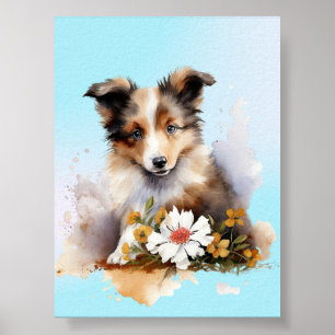 Póster Cachorro de oveja Shetland Mascota Acuarela Flor
