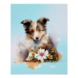 Póster Cachorro de Ovejero Shetland Mascota Acuarela Flor