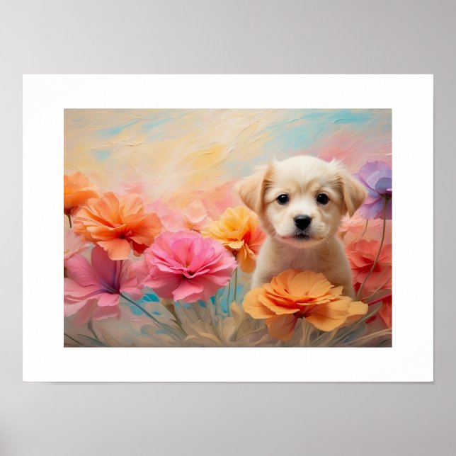 Póster Cachorro descargable rodeado de flores pastel (Frente)