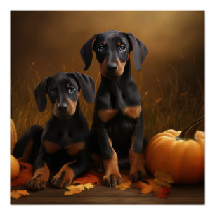 Póster Cachorro Doberman Otoño Delicia Calabaza
