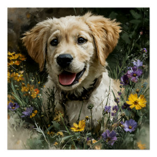 Póster Cachorro Dorado Flor Silvestre Alegría