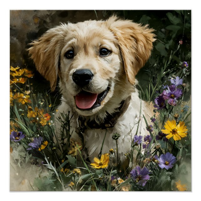 Póster Cachorro Dorado Flor Silvestre Alegría (Anverso)