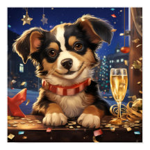 Cachorro en la víspera de Año Nuevo