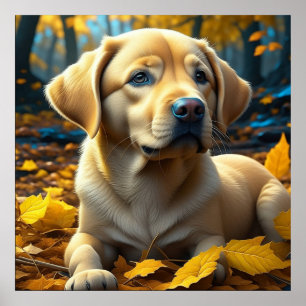 Póster Cachorro jugando en hojas de otoño