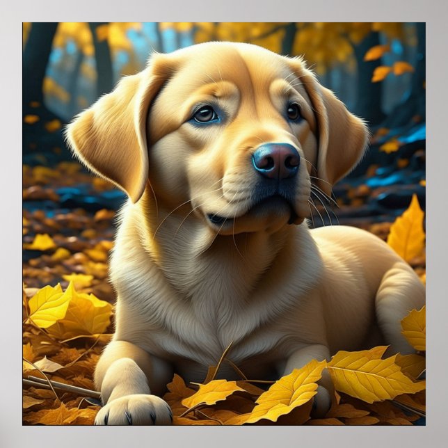 Póster Cachorro jugando en hojas de otoño   (Frente)