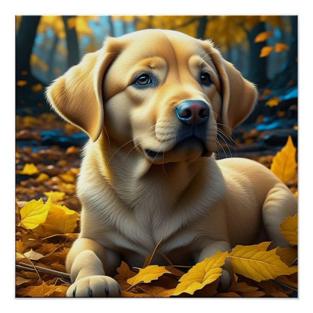 Póster Cachorro jugando en hojas de otoño   (Anverso)