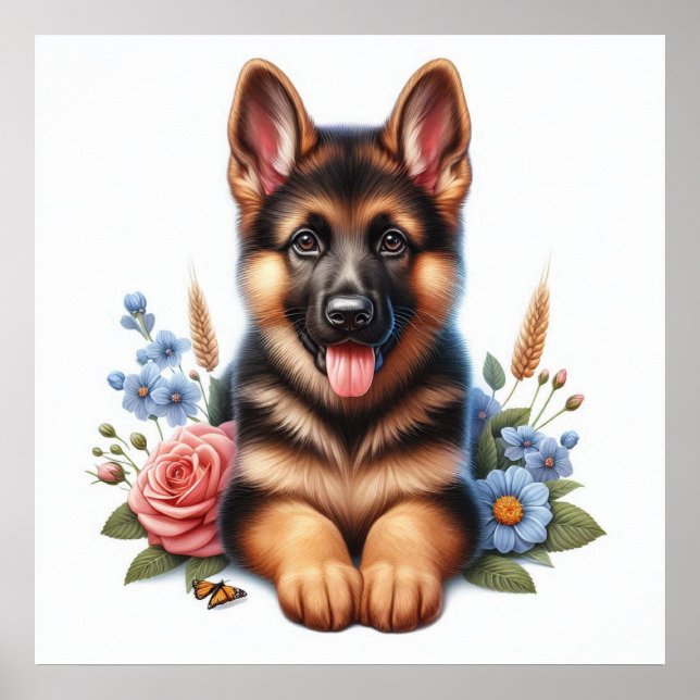 Póster Cachorro juguetón de pastor alemán con flores  (Frente)
