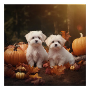 Póster Cachorro maltés Delicia de otoño Calabaza