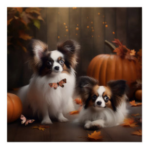 Póster Cachorro Papillon Delicia de Otoño Calabaza