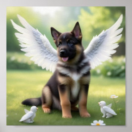Póster cachorro pastor alemán con alas como un ángel