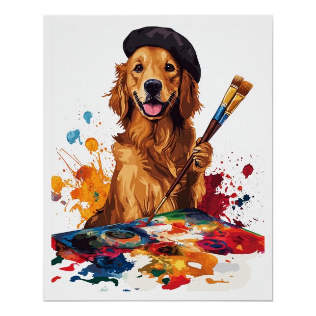 Póster Cachorro Pintor � Perro Artístico con Caballete (Anverso)