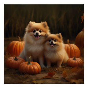 Póster Cachorro Pomerania Delicia de Otoño Calabaza