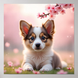 Póster Cachorro realista 8K de Corgi entre hojas de arce
