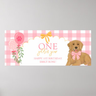 Póster Cachorro Retriever Dorado Cumpleaños 1er Año Rosa