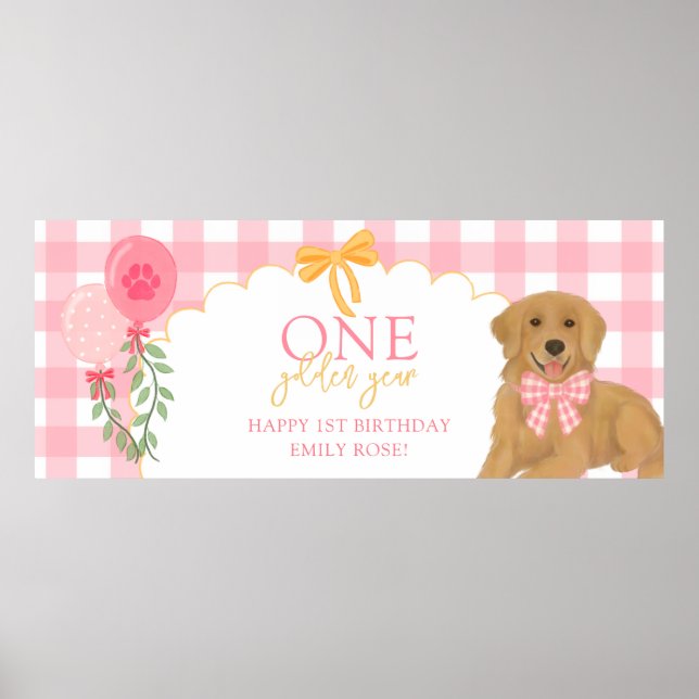 Póster Cachorro Retriever Dorado Cumpleaños 1er Año Rosa (Frente)