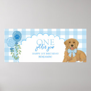 Póster Cachorro Retriever Dorado Un Año Cumpleaños Azul