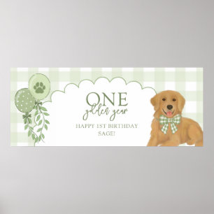 Póster Cachorro Retriever Verde Un Año Dorado Cumpleaños 