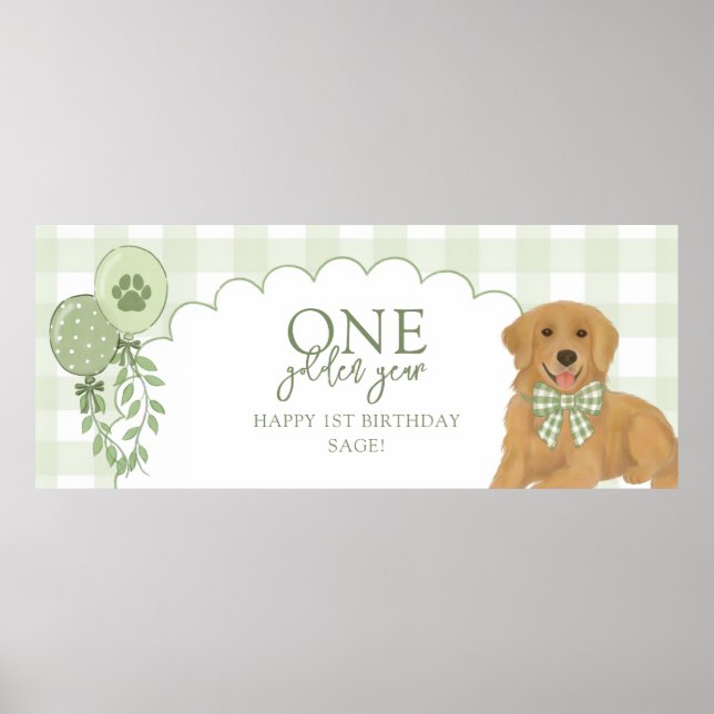 Póster Cachorro Retriever Verde Un Año Dorado Cumpleaños  (Frente)
