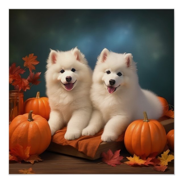 Póster Cachorro Samoyedo Delicia de Otoño Calabaza  (Anverso)